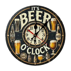 Silent Rustic Wooden Wall Clock - 10/12 in Flat Design, Retro-Inspired Dial-Type Large-Format Rustic Wall Clock, "It's Beer O'Clock" Bar Man Cave Home Decor, Retro-Inspired Wall Clocks, Dial-Type Wall Clocks