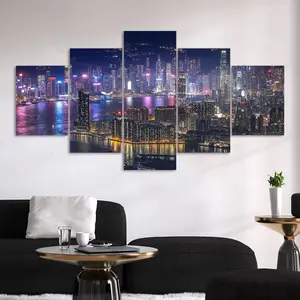 5 Counts Unframed Canvas Poster, Cityscape Print, Night Hong Kong Cityscape, Living Room Decoration, Modern Home Decor, Modern Art, Wall Art Decoration, High Definition, Waterproof, Artwork