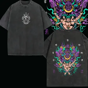 Roronoa Zoro Vintage Washed Oversized T-Shirt – One Piece Anime Graphic Tee, Asura Three Sword Style Dark Manga Art Shirt, Anime Streetwear Apparel, Soft Cotton Casual Unisex Top, Gift for One Piece Fans