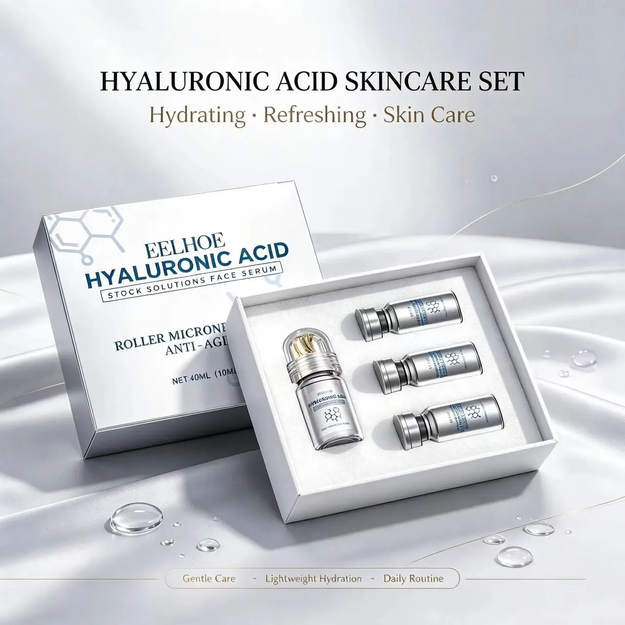 EELHOE Hyaluronic Acid Roller Microneedle Serum Set, at-home facial skincare box set, includes 4 bottles of serum, niacinamide hydrating brightening facial moisturizing serum