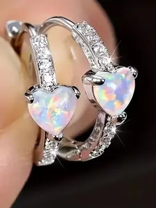 Women and Teen Heart-Shaped Opal Circle Earrings Elegant Minimalist Earrings - K Cute Valentine's Jewelry Gift, Rainbow Opal Earrings Perfect for Date Nights, Party Accessories, and Everyday Wear (All Year Round)