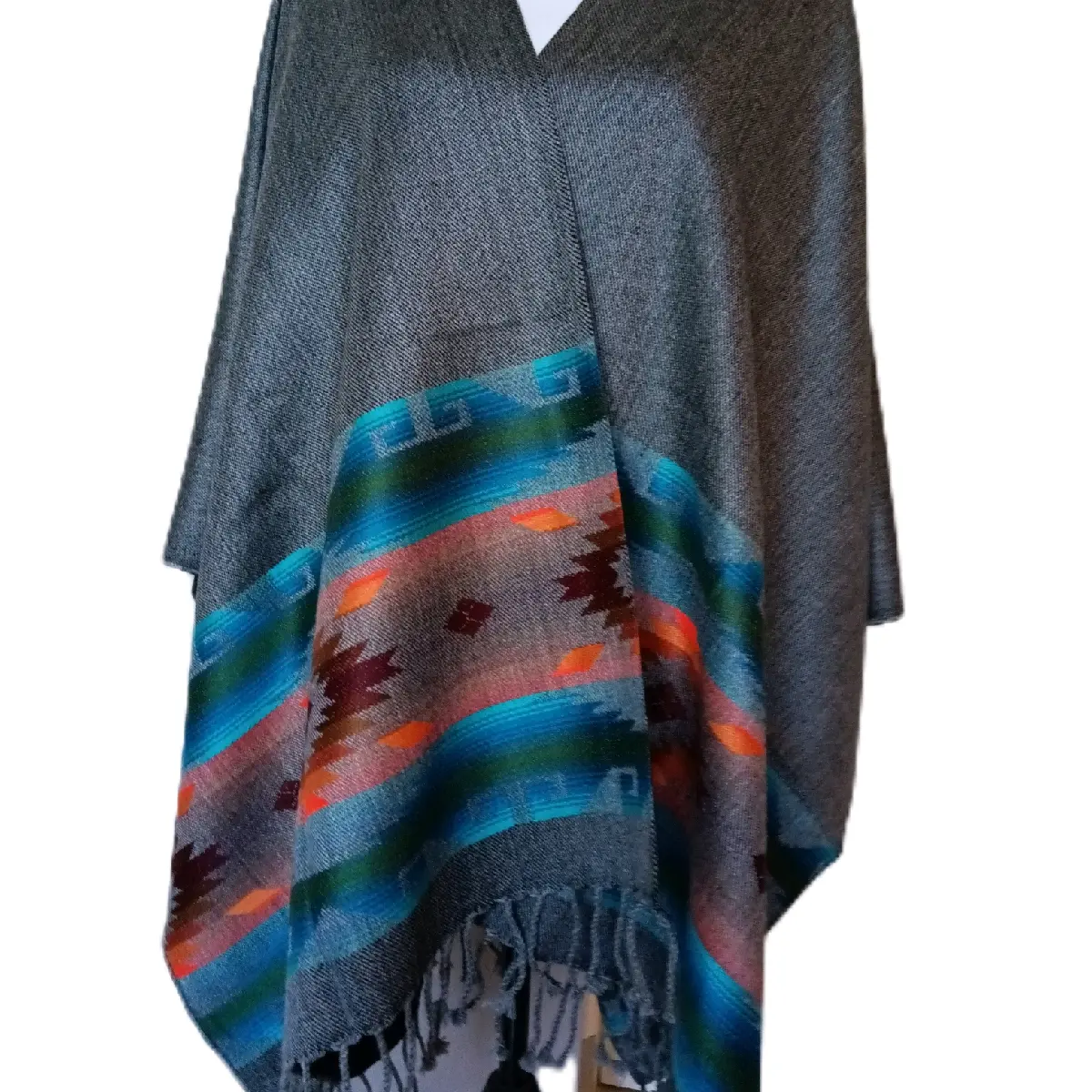 Artisanal Women's Poncho with Fringe, Reversible Grey Black Sides, Handmade in Ecuador - Accessories, Womenswear