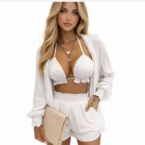 White Shorts Halter Top and Cardigan Set for Women - Stylish Summer Outfit with Comfortable Fit