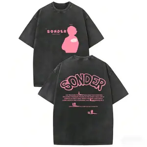 Men’s Washed Vintage Graphic Tee Pink Sonder Rap Shirt Casual Streetwear Soft Cotton Breathable Summer Top Trendy Retro Crewneck Shirt