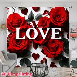 2D Flat 2Pcs Romantic Red Rose Flower LOVE Print Curtains, Home Decoration Panel for Living Room, Bedroom, Balcony, Kitchen, Study and Shower Window Accessory, Semi-Sunshade, Anti-Privacy.