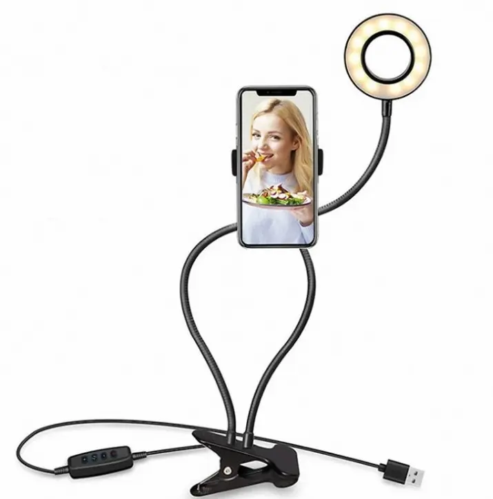 LED Selfie Ring Light for Live Adjustable Makeup Light-8cm Stand Aluminium Alloy Tripod Multifunctional Cellphone Holder with 3 Light Colors & 10 Level Brightness