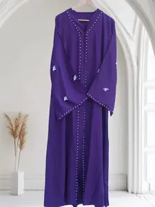 Ayesha's Pearl Abaya Purple Long Sleeve Abaya for Autumn Weddings & Daily Wear Elegant & Modest Design with Pearl Detailing & Nida Fabric