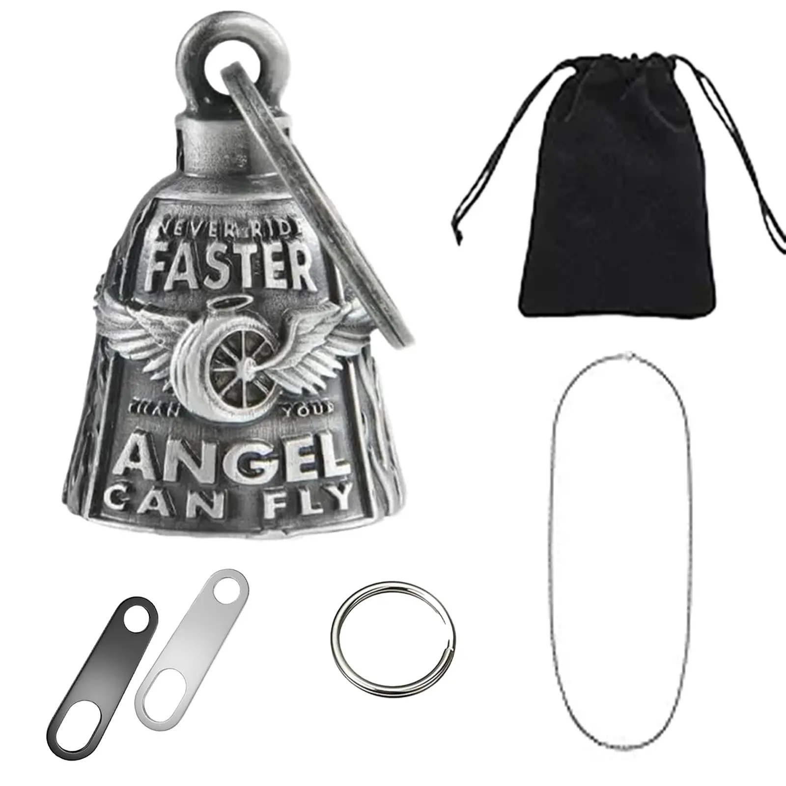 Stainless Steel Motorcycle Lucky Charm Bell - "Never Ride Faster Than Angel Can Fly" Motto, Hollow Biker Protection Accessory, Christmas Gift for Adults & Brotherhood Choppers/Sport Bikes Enthusiasts, Lifetime Durability Automotive Exterior Decoration