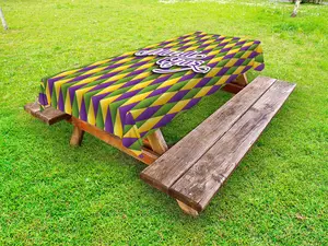 Mardi Gras Outdoor Tablecloth, Hand Writing Calligraphy Design on Diamond Line Pattern Iconic Colors, Decorative Washable Picnic Table Cloth, 58" X 84", Purple Green Yellow