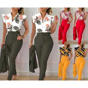 New Fashion Printed Ruffle Sleeve Top with Solid Color Pants and Belt Casual Women’s Set GARMENTARY