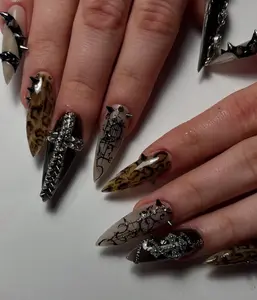 AURA NAILS \ Gothic Leopard Press On Nails  Spiked Punk Cross Nail Set  Black Chrome Leopard Print Nails  Dark Grunge Fashion Nails  DB352H2