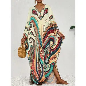 2024 Kaftan Dress For Women Bohemian Printed Four-sided Elastic V-neck Beach Coverup Bat Sleeves Kaftan Robe Casual Home Vacation Large Size Swimwear Coverup Ethnic Style Dress