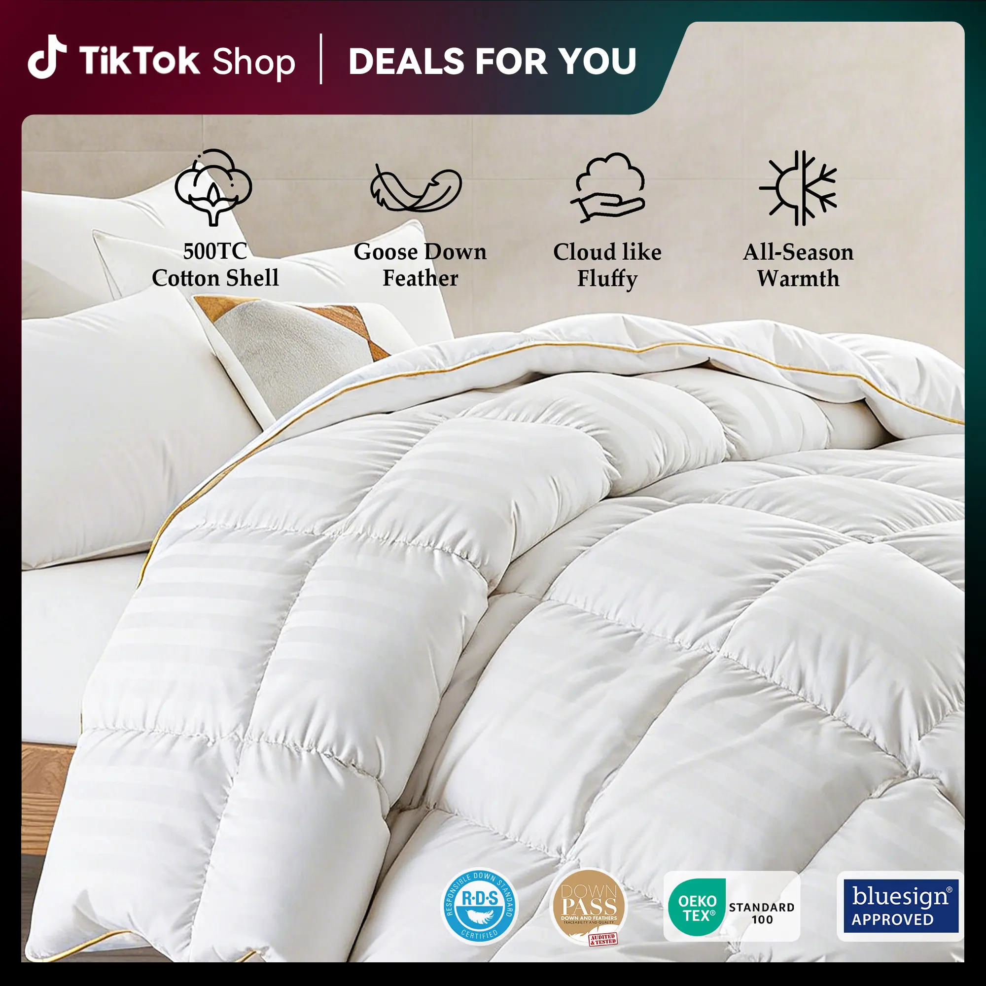 Deals For You Days | PEACE NEST 100% Cotton 500TC All Season Down Feather Comforter with Baffled Box & Satin Pipping Year-round Warmth Machine Washable Soft & Cozy Bedding