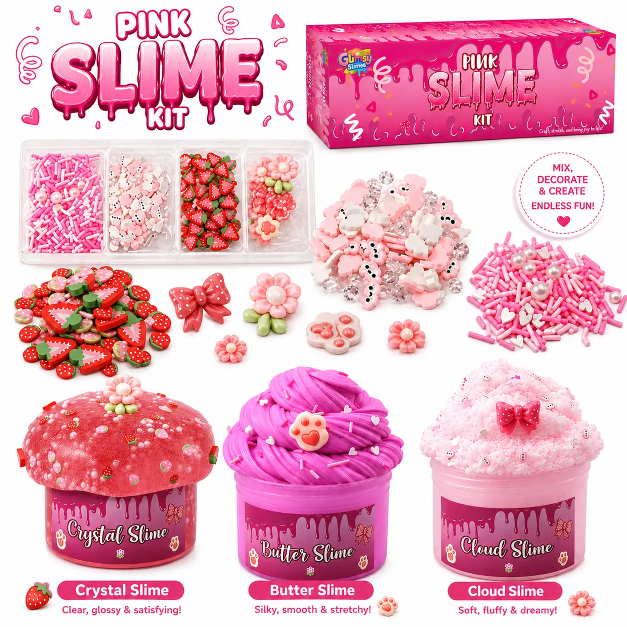 Halloween Fall Gift 3-Pack 200ml Pink Slime Kit – Butter, Cloud & Crunchy Slime, Non-Sticky Soft Slime Toy for Kids Ages 8–12 Squishy Fidget Squishy Bulk