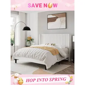 Twin/Queen/King Velvet Bed Frame / Vertical-Groove Quilted Winged Headboard / Upholstered Platform Bed / Sturdy Wooden Slats / Springless Mattress / Easy Assembly / Blue / Black / White / Green / Teal / Pink / Gray * Bed Frame