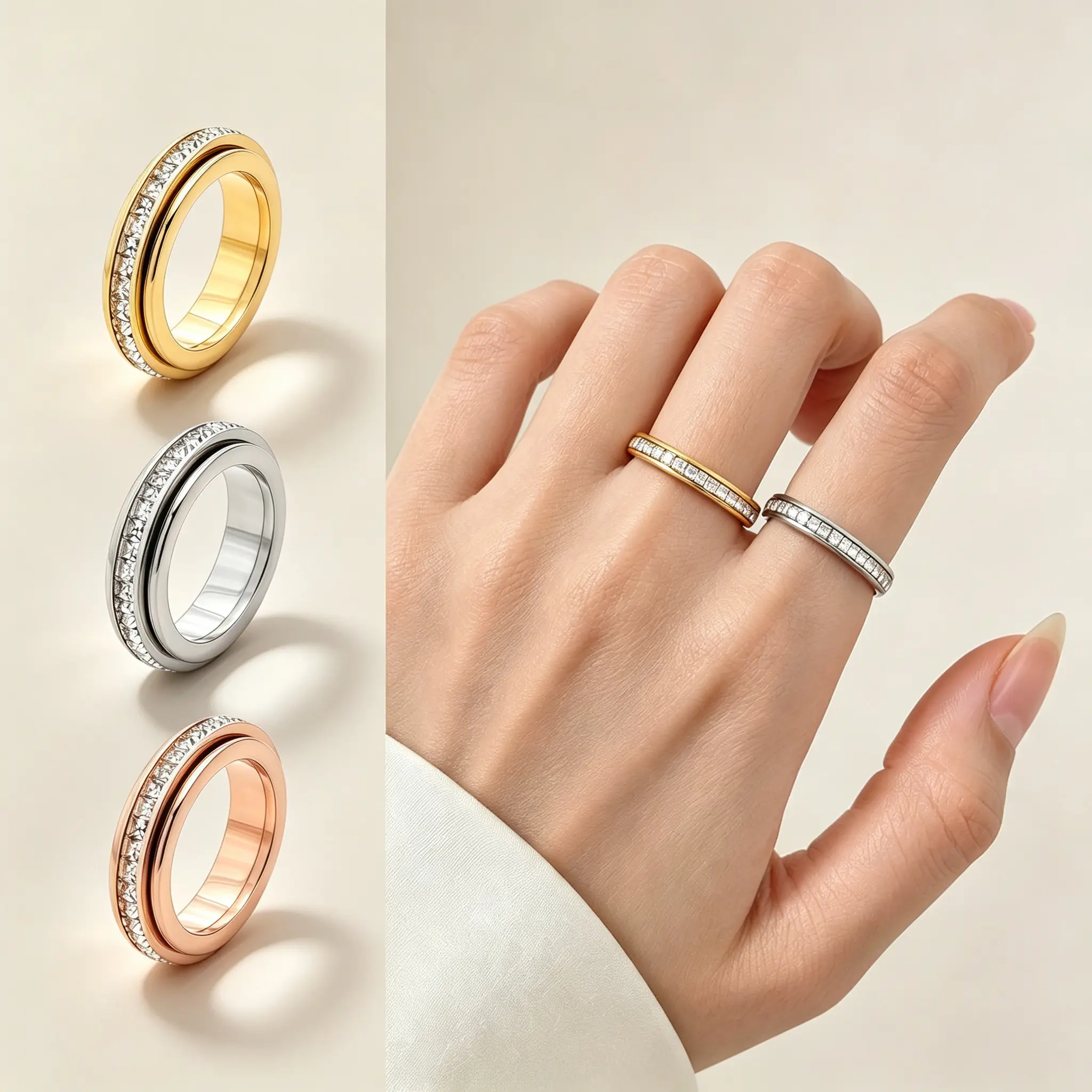 Unisex Titanium Steel Anxiety Spinner Fidget Ring with Cubic Zirconia, Comfort-Fit Sizes 6-9, Stress Relief Jewelry for Wedding Promise or Gift Use