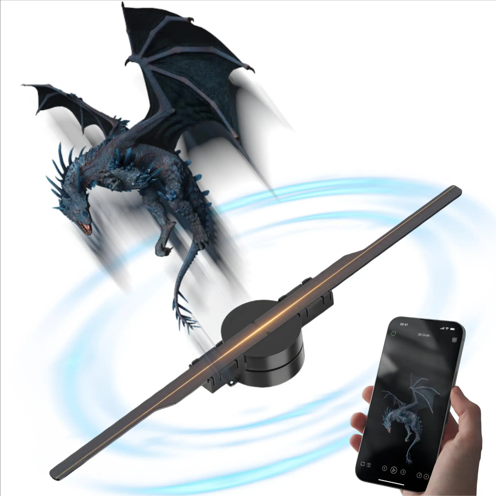 3D Holographic Projector Light, Stand sold separately, 42cm Fan Blade, Plug and Play, APP Controlled, Customizable materials, 234 RGB Leds, Ideal for Festivals, Parties, Ads, Hologram Projector