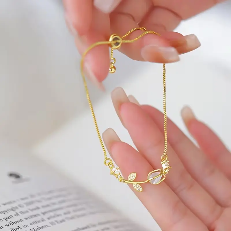 Crystal Tulip Flower Bracelet – 14K Gold Plated Adjustable Slider Chain Bracelet for Women, Dainty Floral Jewelry for Everyday & Gift