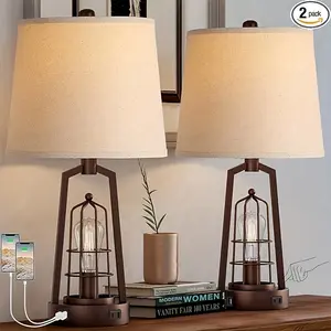 2024 Farmhouse Table Lamp Set Of 2, 3-Way Dimmable Touch Control Lamp For Nightstand, Beside Lamps With AC&USB Outlet, Oil Rubbed Bronze Table Lamps For Living Room, Bedroom (2 Bulbs Included)