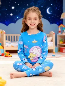 Girls' 2-Piece Space Rabbit Print Pajama Set, Spring & Fall Casual Fitted Long Sleeve Sleepwear, Round Neck Home Wear, Cartoon Print Pajama