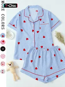 Heart Print & Classic Striped Pajama Set | Chic All-Season Loungewear | Soft 2-Piece Short Sleeve PJs for Women | Sweet Nightwear Essentials，Breathable All-Season PJs，Aesthetic Pajama Party Set，The Perfect Gift