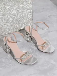 Women's Fashion High Heel Sandals, Silver Color Rhinestone Open Toe Shoes, Medium Width PU Leather Party Footwear, Large Size, Glitter Heeled Sandals