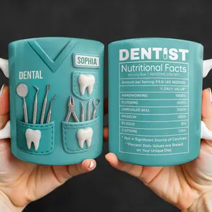 Dentist Nutritional Facts Mug Awesome Dentist Gift, (Leave Note at Checkout), 2D Printed 3D Effect Coffee Cup, Dental Tools Design Mug, Custom Name Dentist Appreciation Gift, Dental Professional Keepsake, 11oz Ceramic Mug