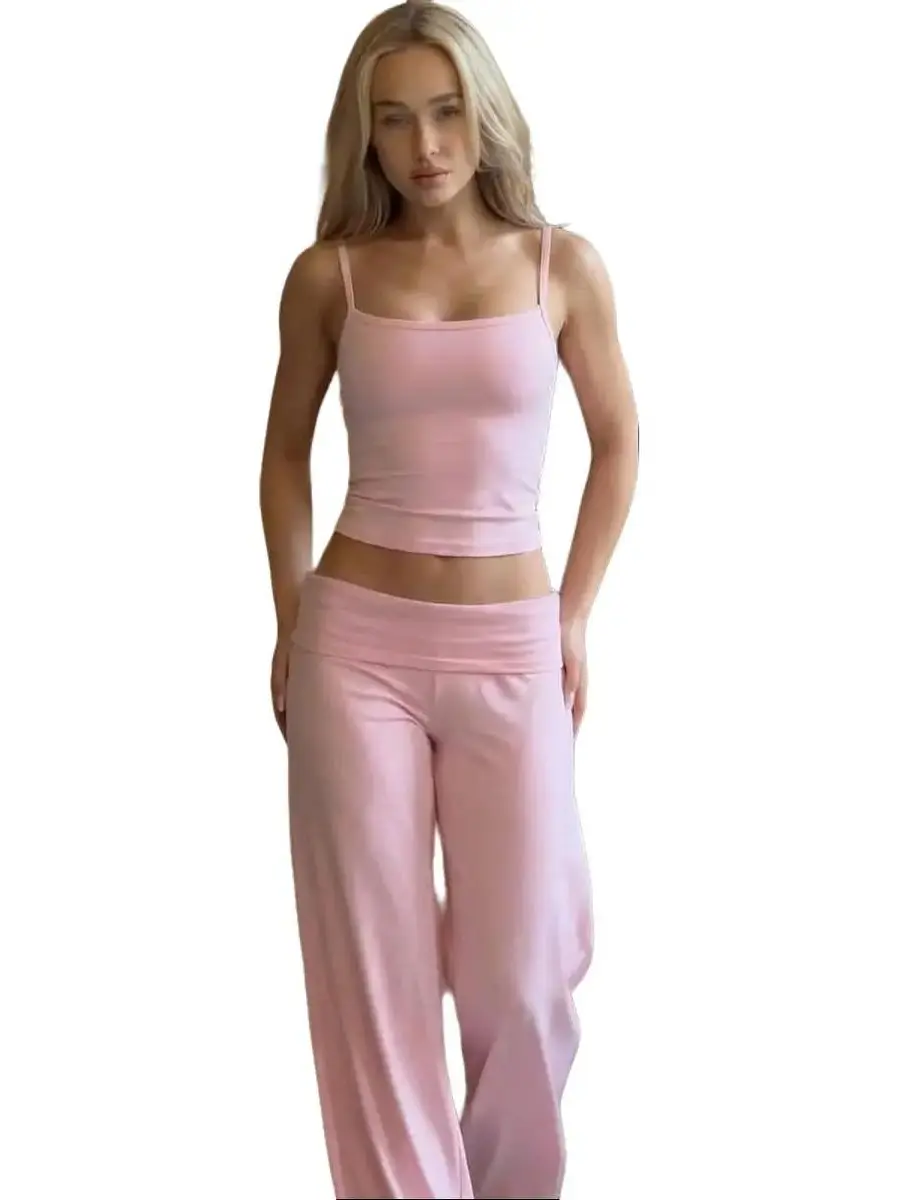 Spaghetti Strap Cami Crop Top & Fold Over Waist Wide Leg Pants Two Piece Set for Women's 2026 Summer New Arrival Slim Fit Bodycon Casual Street Wear Active Sporty Outfit Pants Suit