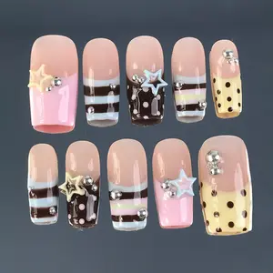 jasonj.nail Pastel Stripe Star Press-On Nails, Soft Pink, Brown & Cream Lines with 3D Star Charms, Cute Minimal Aesthetic, Everyday Sweet Nail Art, Custom Handmade Set