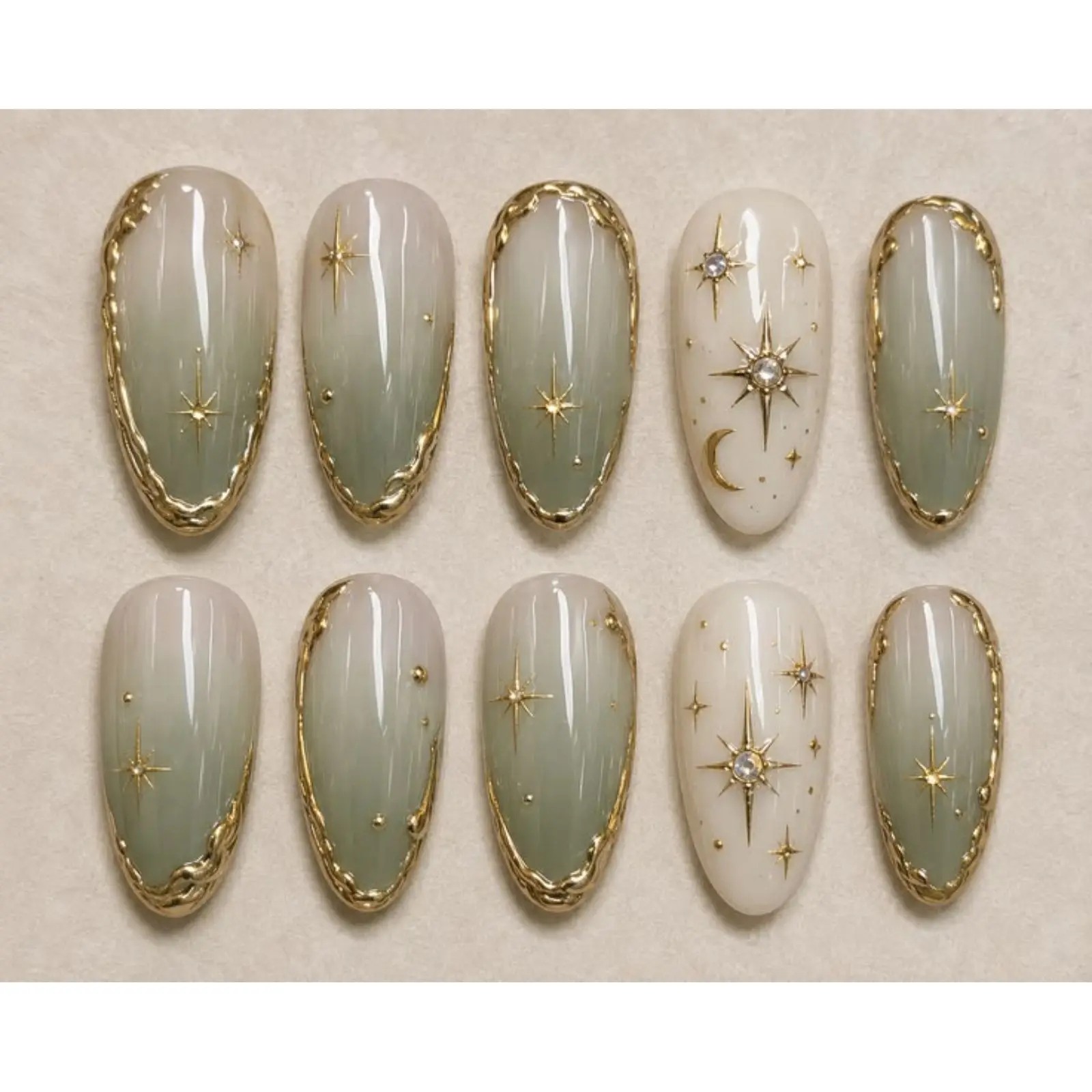 Luxury Celestial Sage Green Ombre Press-On Nails, Dreamy Sage Green Gold Chrome Nail Set