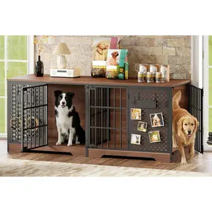 HOOBRO 71" Dog Crate Furniture for 2 Large Dogs, Heavy Duty Indoor Kennel with Removable Divider & Name Tags, TV Stand Cage Furniture for Medium & Large Dogs, Walnut & Black BH84GW03