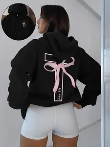 Women's Cross Butterfly Print Knit Long Sleeve Hoodie Sweatshirt, Casual Loose-Fit Fleece Pullover for Fall & Winter, Daily Wear Fashion