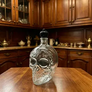Vintage Carved Skull Whiskey Decanter, Gothic 3D Sculpted Glass Liquor Bottle, Unique Bar Decor, Spooky Halloween Home Accent