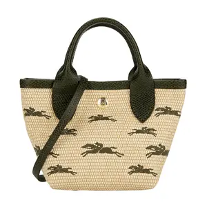 Longchamp Le Panier Pliage Embroidered Logo Detachable Strap Straw-Textured Canvas Crossbody Tote Mini Women's Khaki
