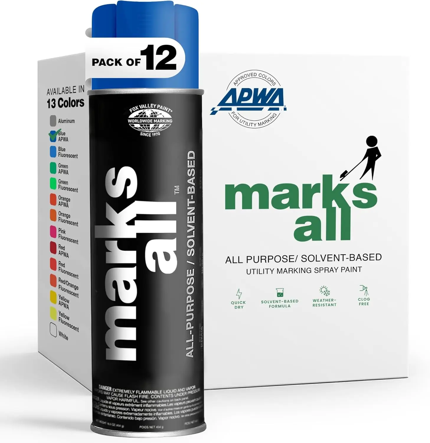 Fox Valley 18oz Marks All Solvent-Based Marking Paint, 12-Pack Blue APWA – Long-Lasting, Weather-Resistant Paint for Wet or Dry Surfaces Like Metal, Grass, Concrete, Wood, & More