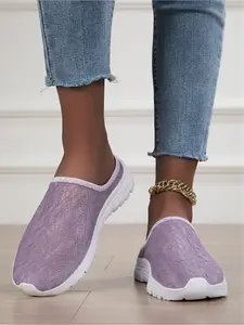 Women Breathable Lace Slip On Mule Sneakers Thick Sole Non Slip Backless Walking Shoes