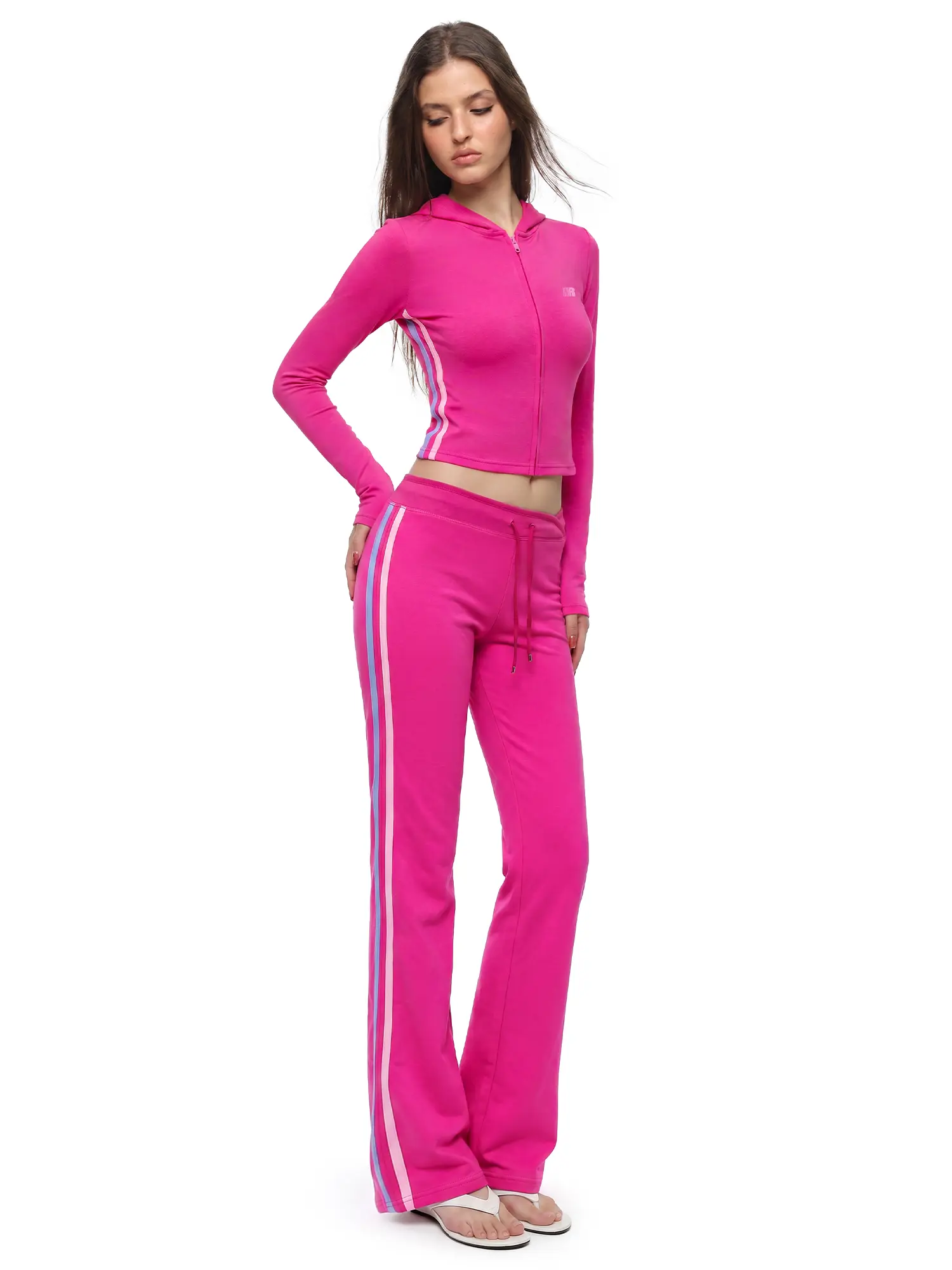 FDR Women's Y2K Zip-Up Hoodie & Contrast Tape Flare Sweatpants Set, Slim Fit Stretch Two-Piece Tracksuit, Sporty Athleisure Outfit for Casual Everyday Wear, Workout, Travel and Streetwear Style
