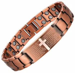 Men's Pure Copper Magnetic Bracelet with Lord's Prayer Cross, Adjustable Double Row Link Design, Includes Free Sizing Tool, Christian Gift for Him