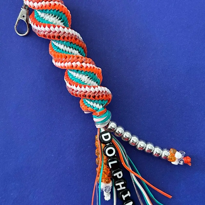 Miami Fins Themed Boondoggle Bag Charm with Colorful Beads and Team Logo