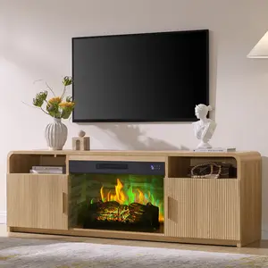 AMERLIFE 70" Fluted Fireplace TV Stand for TVs Up to 80", Modern TV Console with 30" Electric Fireplace & Storage Cabinets, Media Entertainment Center for Living Room