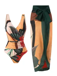 Summer Print Ruched Waist Slimming One-Piece Vintage Women's and Mesh Skirt Set, Beach Vacation Ladies Swimwear, Skirted Bathing Suit