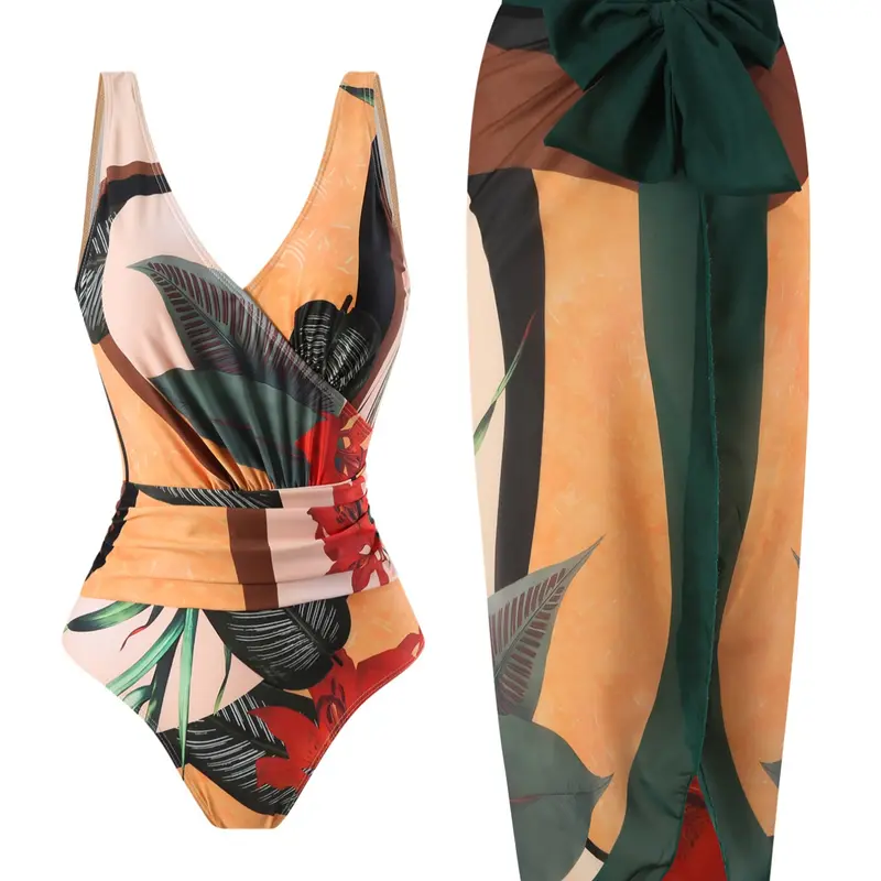 Summer Print Ruched Waist Slimming One-Piece Vintage Women's and Mesh Skirt Set, Beach Vacation Ladies Swimwear, Swimsuit Beachwear, Skirted Bathing Suit, Summer Swimsuits, Swimsuit With Skirt