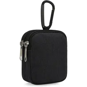 Coin Purse with Carabiner Clip, Dual Layer Card Case Holder, Mini Pouch  AirPod Earphone Keychain USB Cable,Wallet, Small Accessories Organizer Bag  Women and Men (Black)