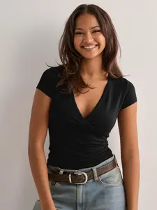 Cross Top Shirt, Slim Fit V-Neck Short Sleeve, Perfect for Y2K and Casual Daily Wear, Stylish and Comfortable Fashion Piece, Womenswear
