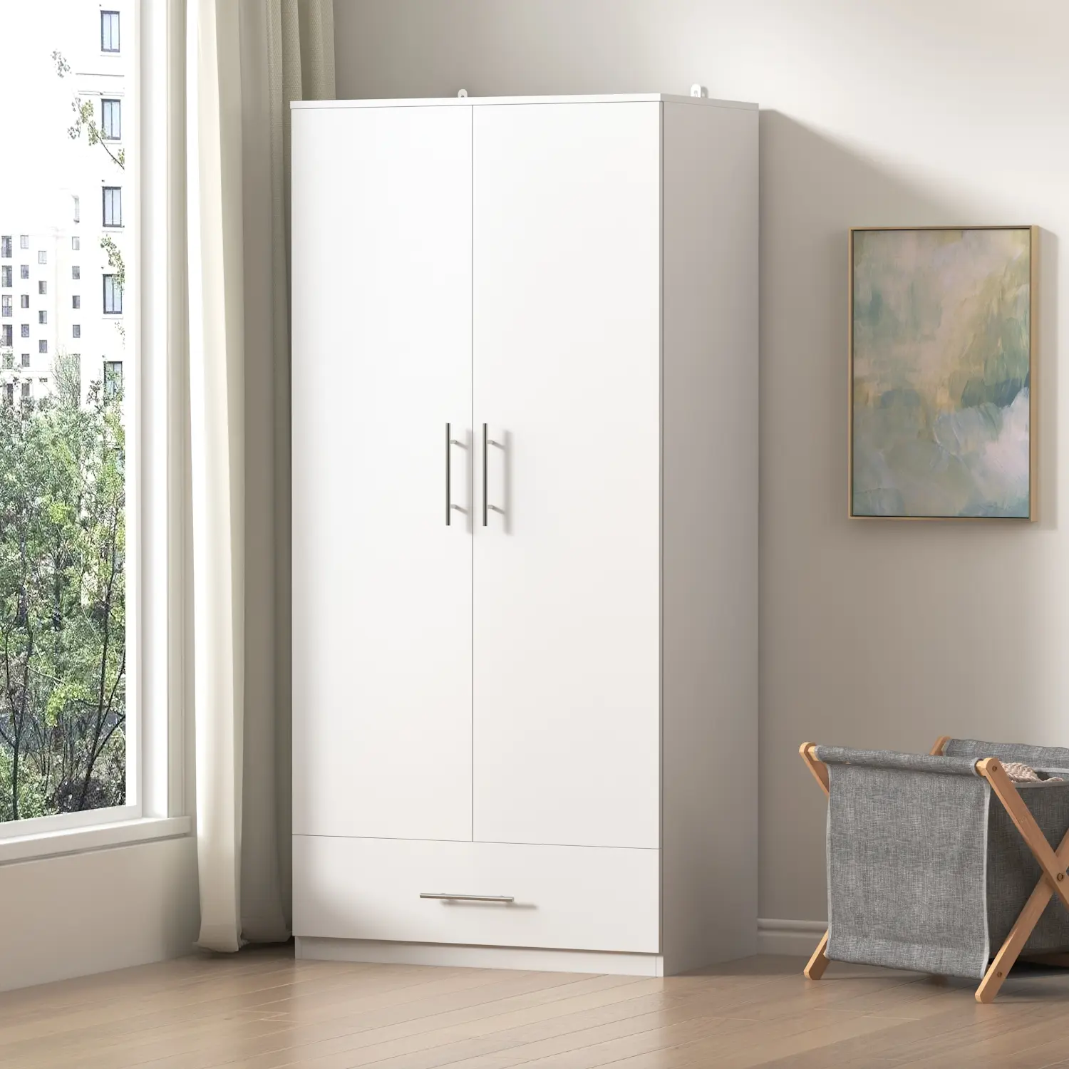 FUFU&GAGA 2-Door Wooden Freestanding Wardrobe - Modern Armoire with Drawer, Hanging Rod, Bedroom Wood Clothes Storage Cabinet Organizer, Modern Armoire Wardrobe