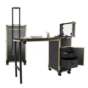 Foldable Rolling Manicure Table with Mirror and Lights, Portable Nail Desk with 3 Drawers, Bluetooth Speaker, Lock & Wheels, Travel Vanity Station for Makeup Artists & Beauty Lovers (Gold/Black)