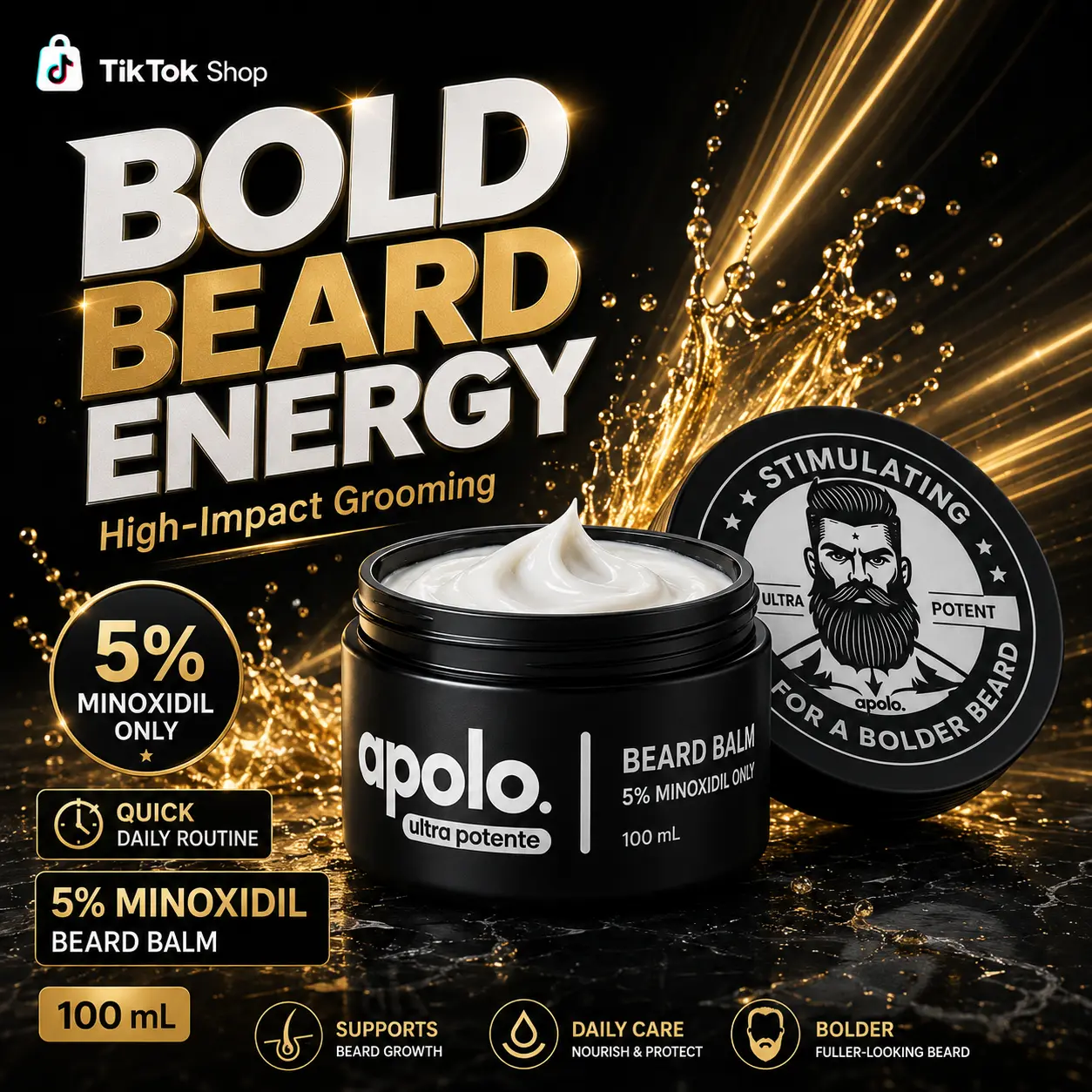 Apolo High‑Strength Minoxidil Beard Growth Cream, Men’s Exclusive Thickening Formula, Powerful Beard Follicle Stimulator, Improve Severe Beard Alopecia, Quick Follicle Activation & Repair Patchy Sparse Zones for Ideal Full Beard