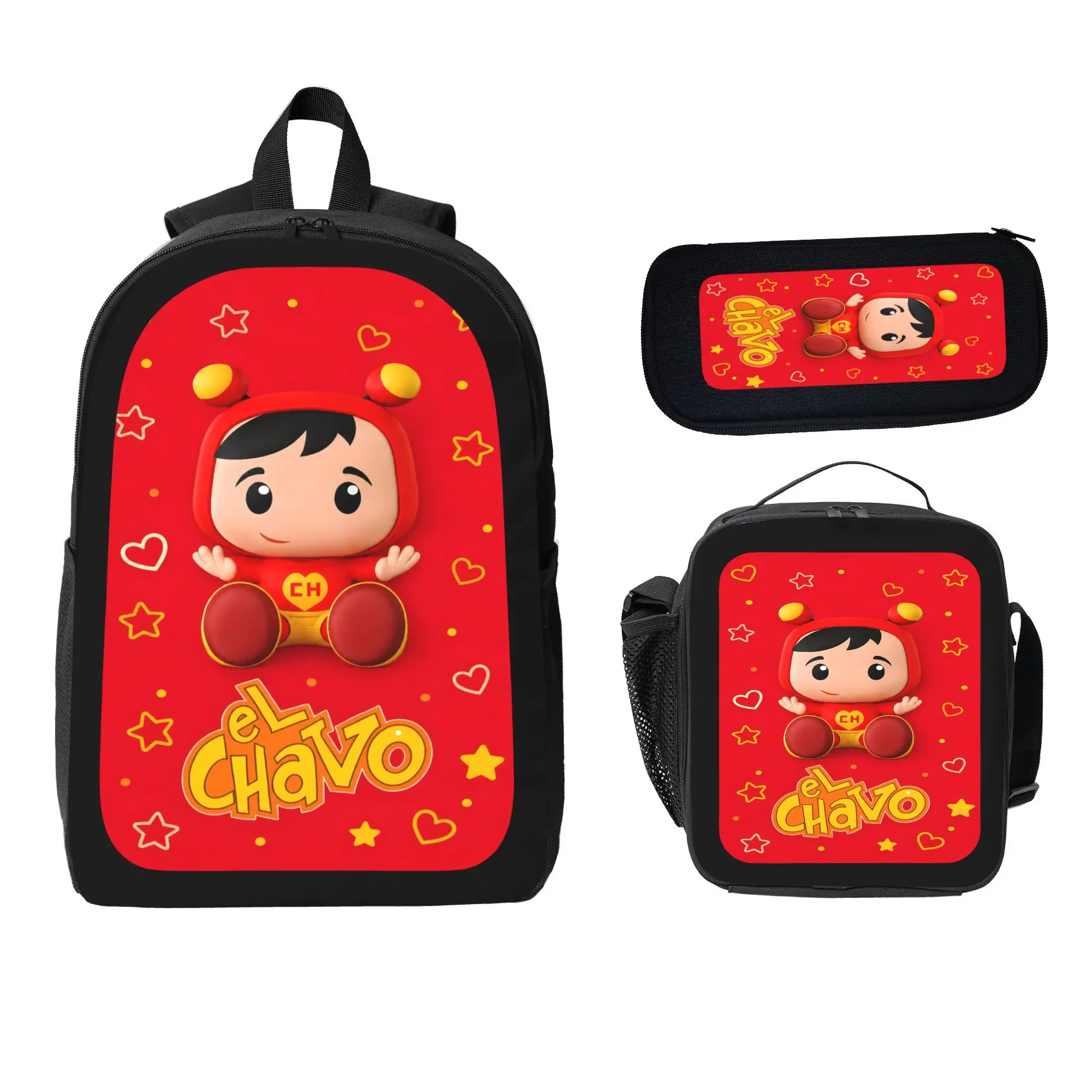 Fashion El Chavo Backpack Large Capacity Commuter Bag Cartoon Casual Backpack Set 3 pc Backpack Lunch Bag Pencil Case Laptop Daypack Travel School Bag Unisex Durable Back To School Gift Summer Backpack Set-2D