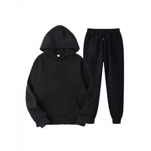 2pcs Men'S Casual Sportswear Set - Polyester Crew Neck Sweatshirt with Hood & Drawstring Slacks, Solid Color, Loose Fit, Woven, Medium Stretch - Fall/Winter Athletic Outfit