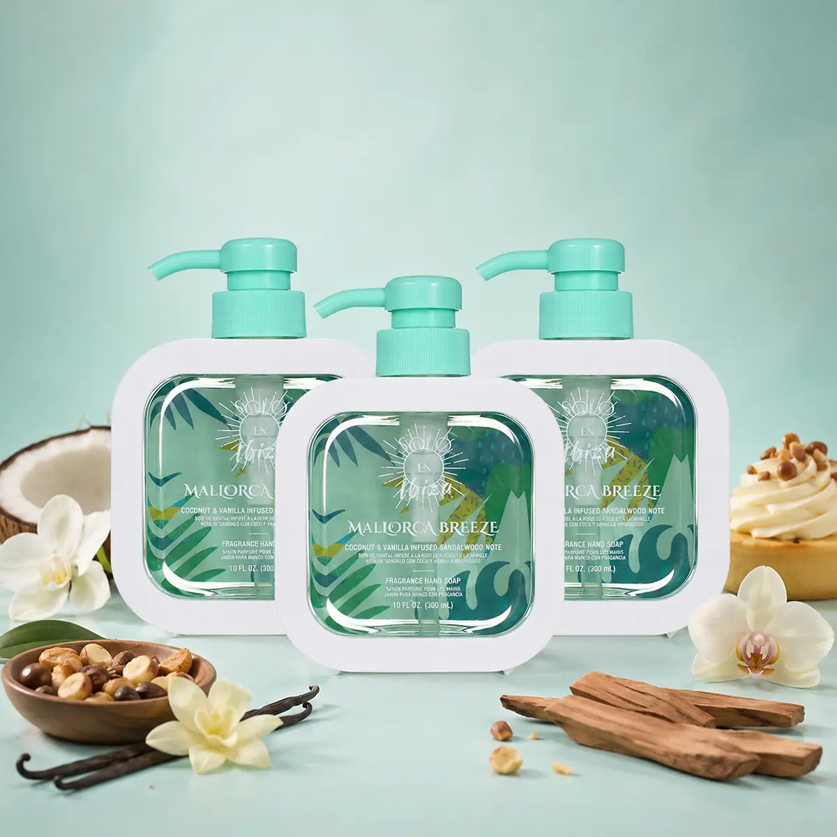 SOLO EN IBIZA Mallorca Breeze Fragrance Liquid Hand Soap, 10 fl oz/300ml – Coconut Vanilla Aroma Hand Cleanser, Gentle Daily Hand Wash for Bathroom & Kitchen Sink